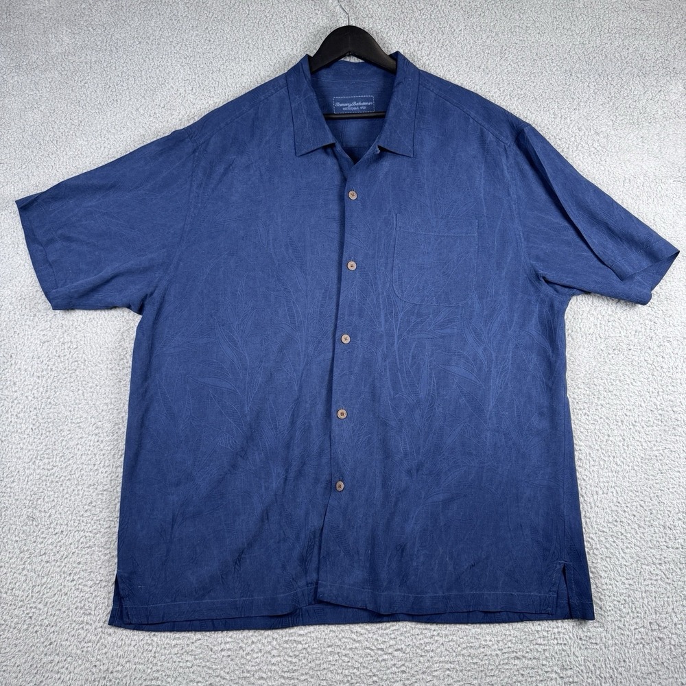 Tommy Bahama Shirt Mens Size XL Blue Silk Original Fit Tropical Floral Textured